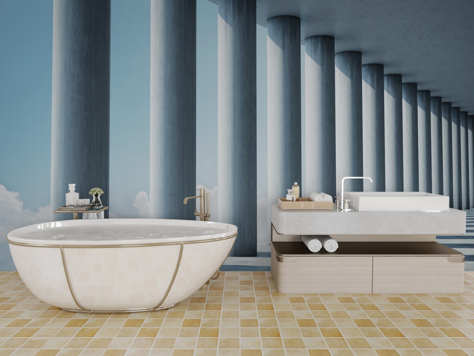 Fototapeta kolumnada ciągnąca się w nieskończoność na tle nieba