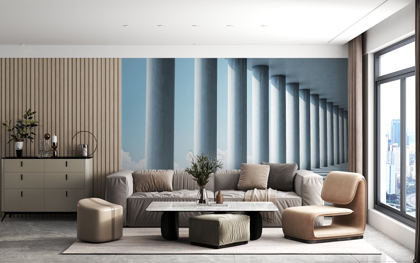 Fototapeta kolumnada ciągnąca się w nieskończoność na tle nieba