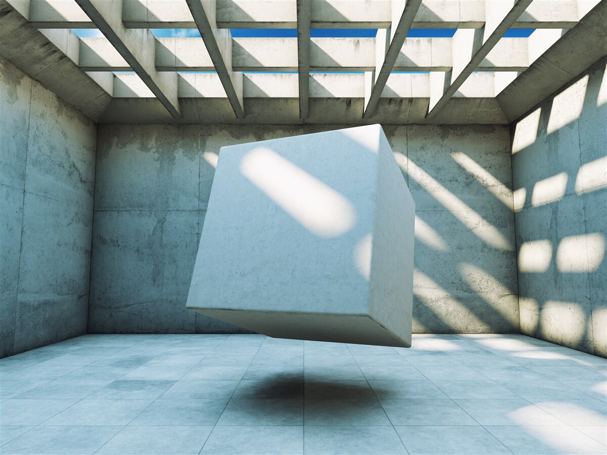 Fototapeta kostka 3d unosząca się w oświetlonym pomieszczeniu