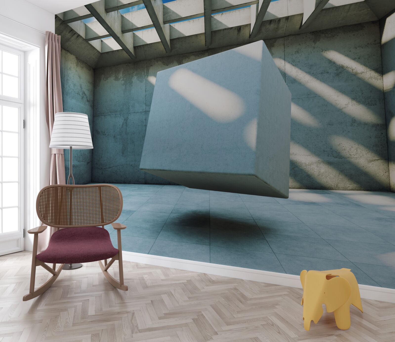 Fototapeta kostka 3d unosząca się w oświetlonym pomieszczeniu