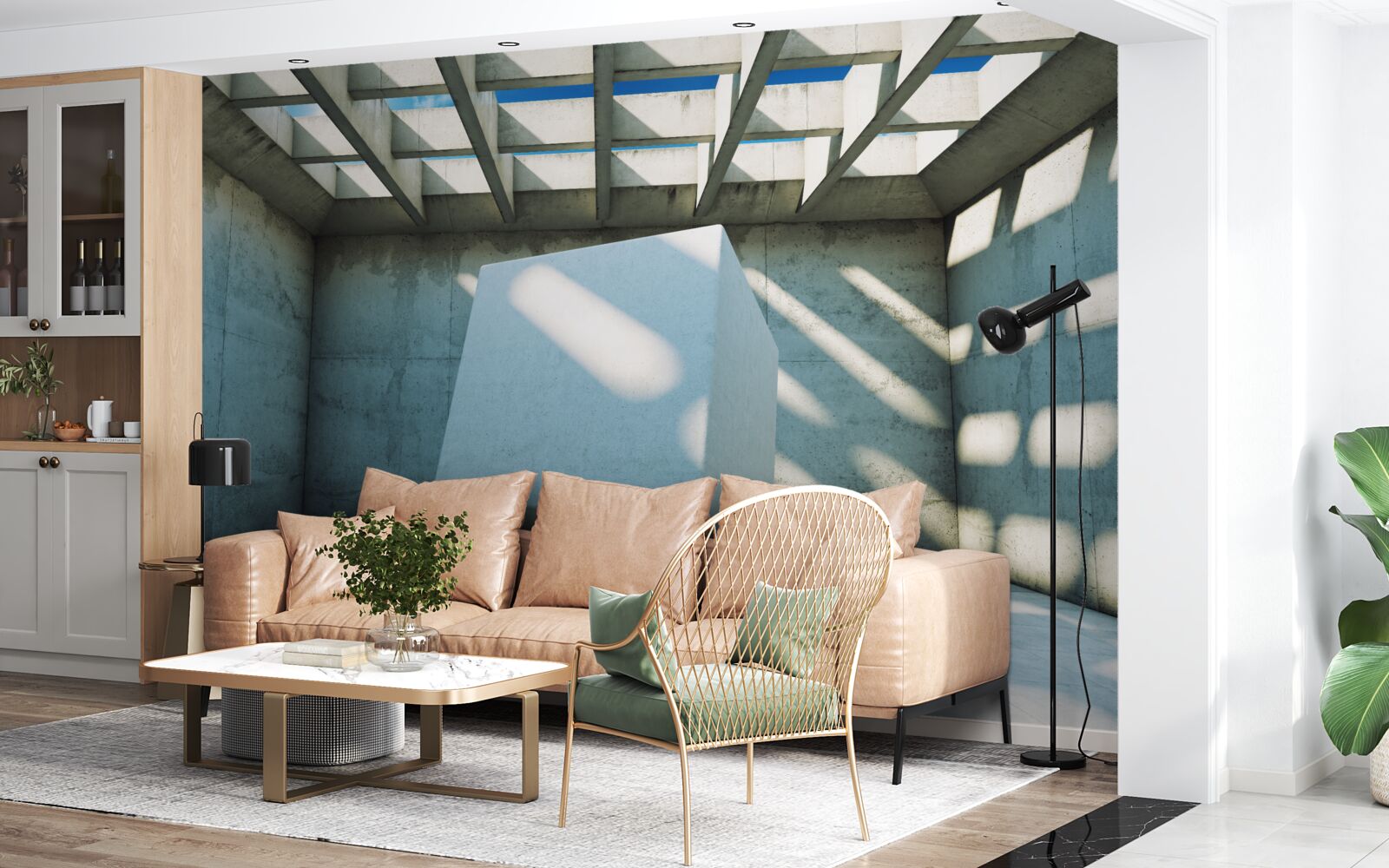 Fototapeta kostka 3d unosząca się w oświetlonym pomieszczeniu