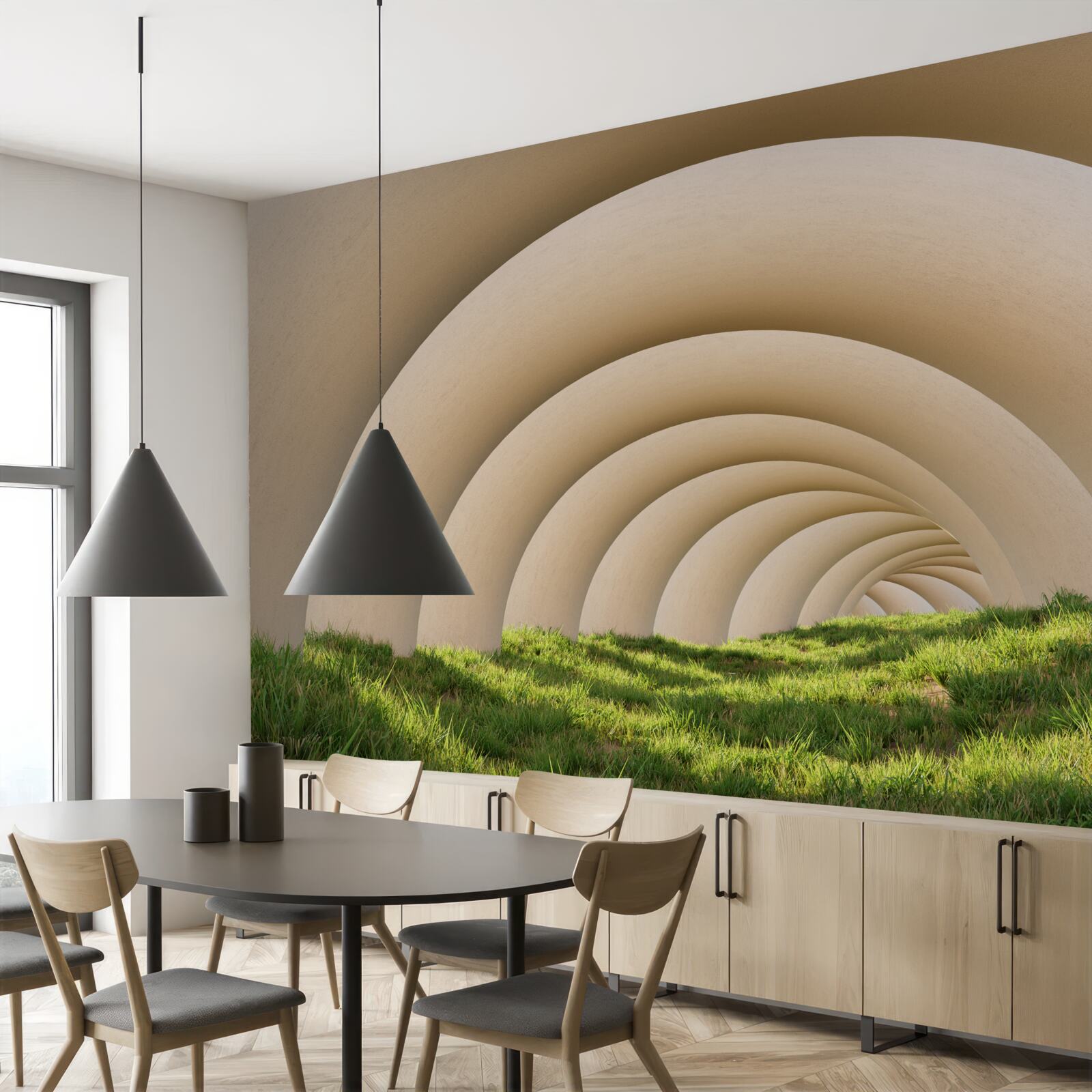 Fototapeta zielona trawa pod zakrzywionymi liniami szerokich łuków