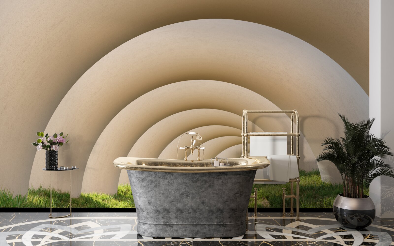 Fototapeta zielona trawa pod zakrzywionymi liniami szerokich łuków