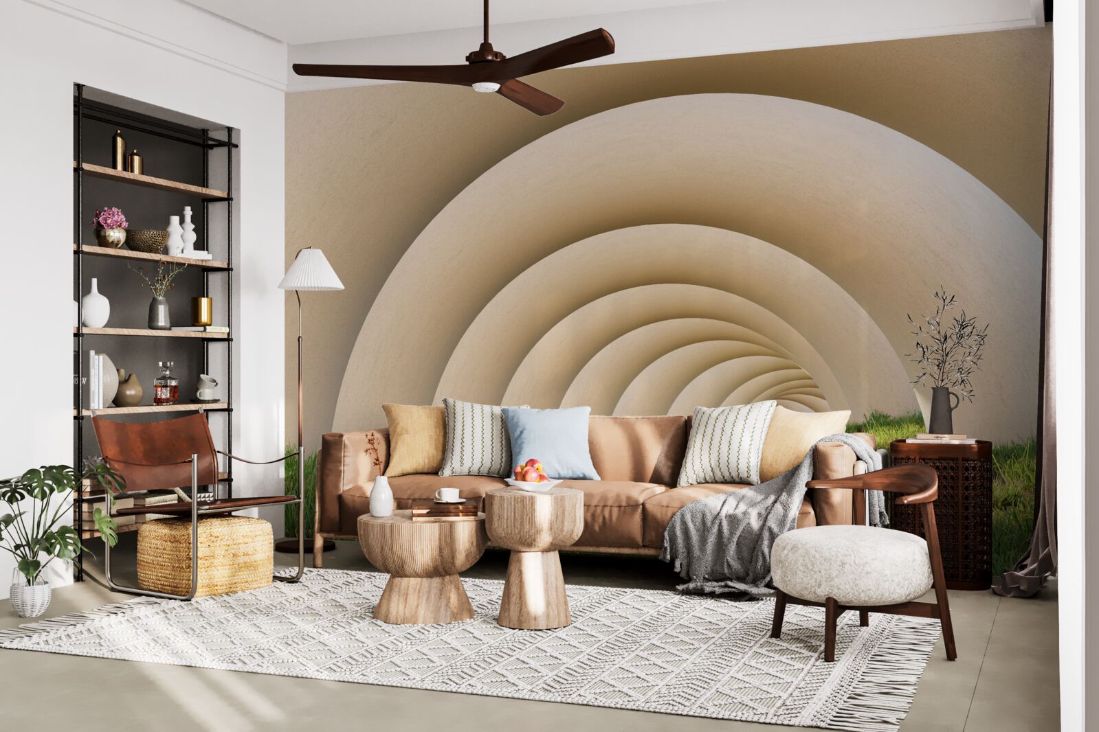 Fototapeta zielona trawa pod zakrzywionymi liniami szerokich łuków