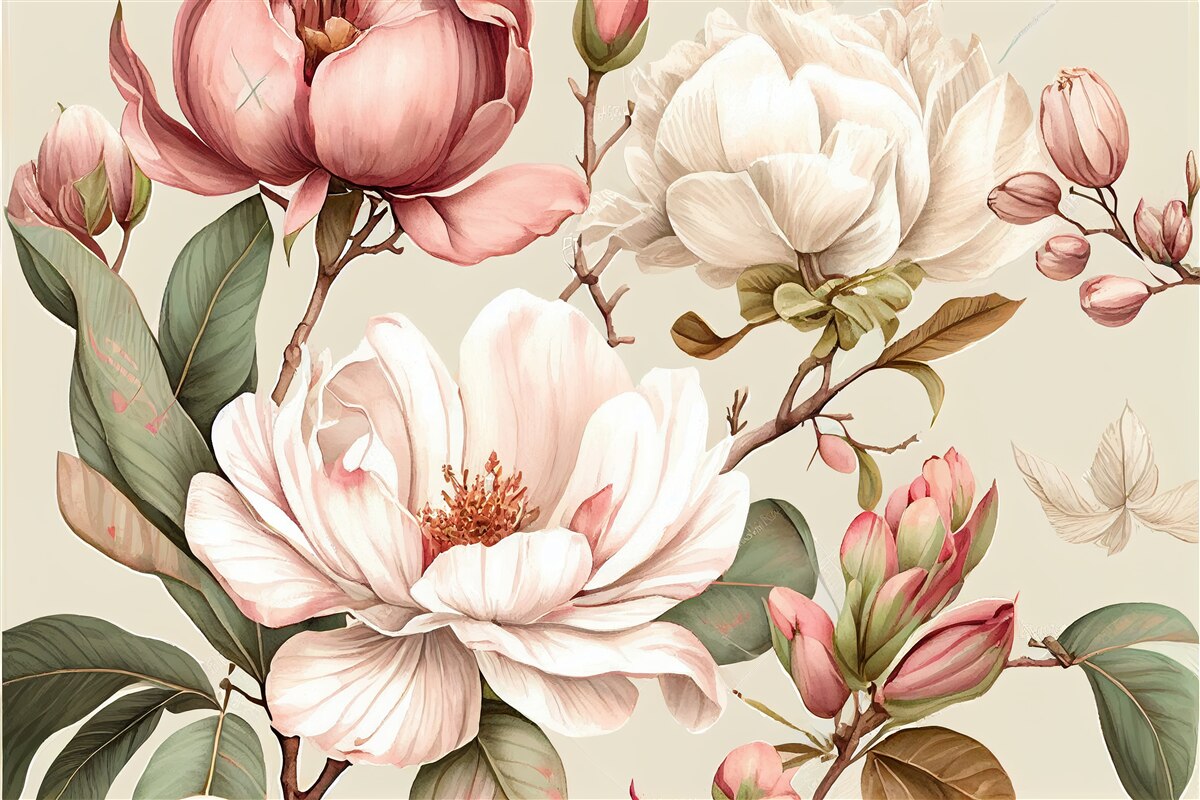 Fototapeta magnolie w odcieniach czerwieni i bieli na gałęziach