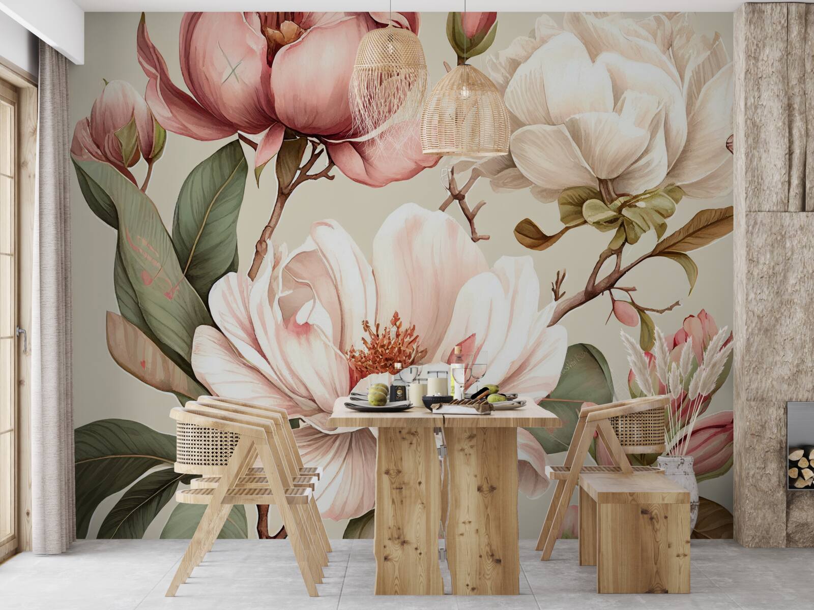 Fototapeta magnolie w odcieniach czerwieni i bieli na gałęziach