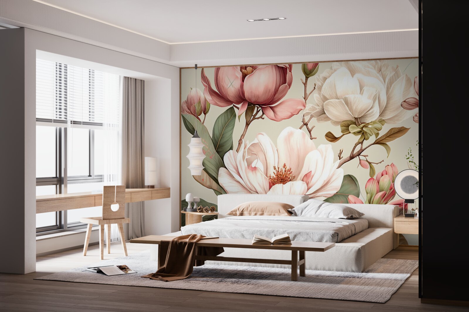 Fototapeta magnolie w odcieniach czerwieni i bieli na gałęziach