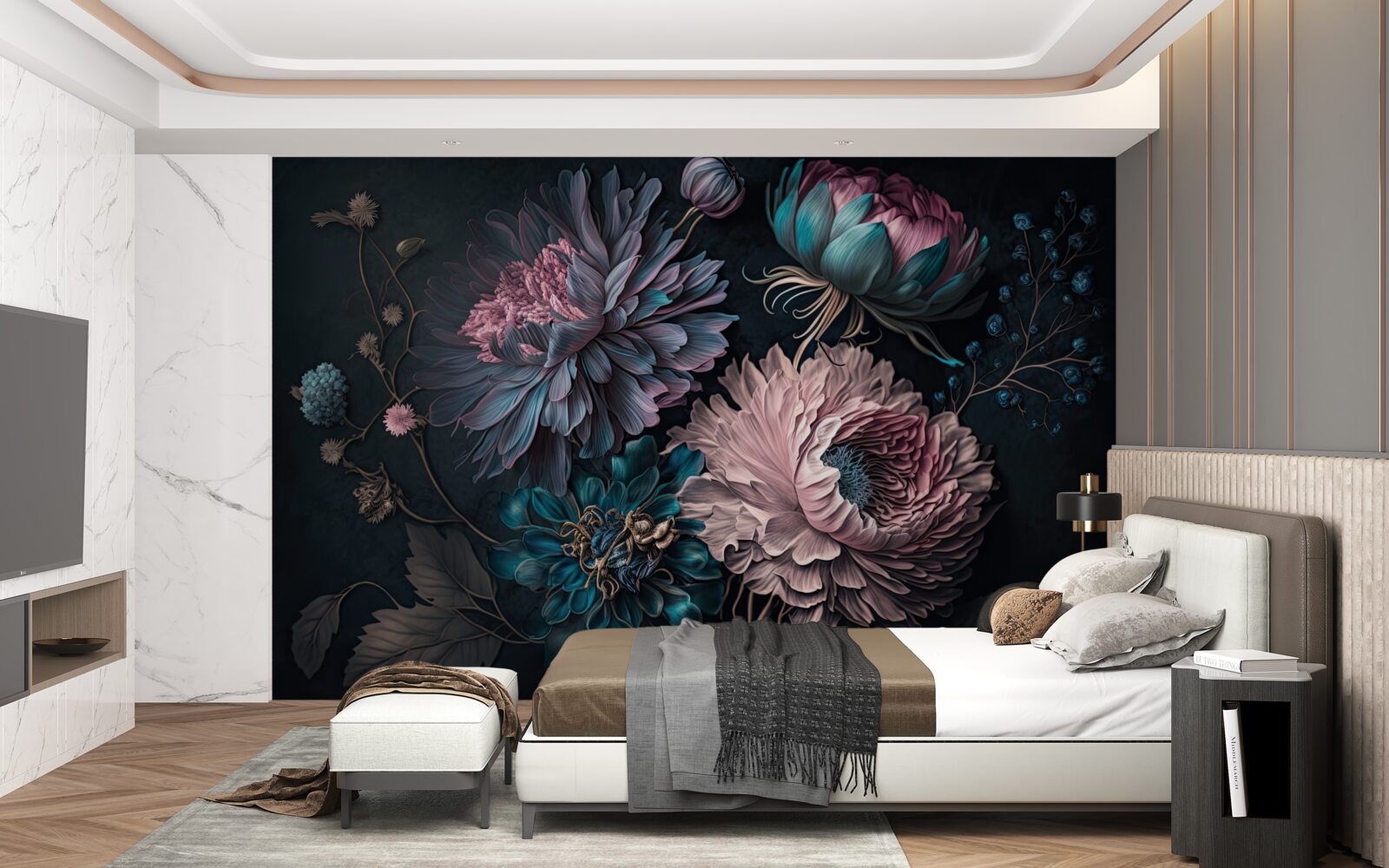 Fototapeta tropikalne kwiaty kwitnące na ciemnym tle