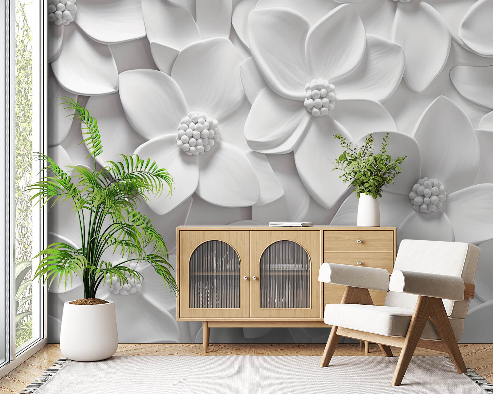 Fototapeta białe kwiaty połączone w płaskorzeźbę