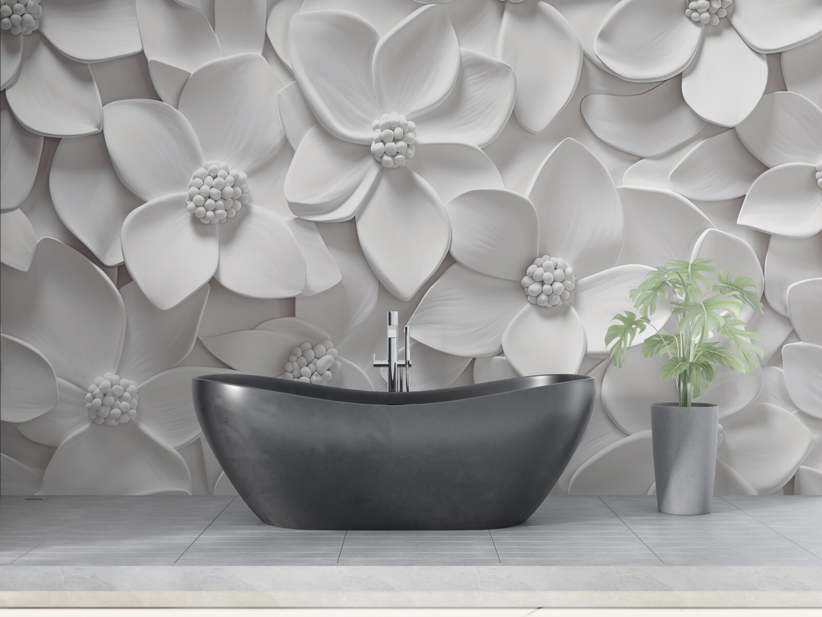 Fototapeta białe kwiaty połączone w płaskorzeźbę