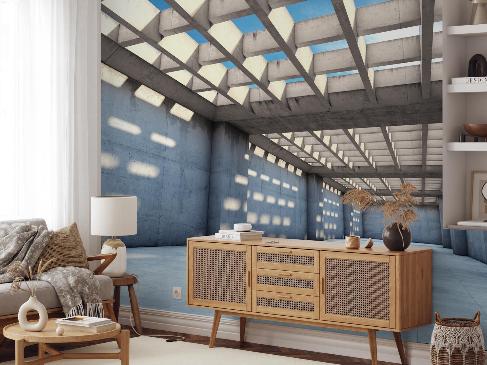 Fototapeta hol doświetlony światłem, ze stropem z przezroczystego drewna