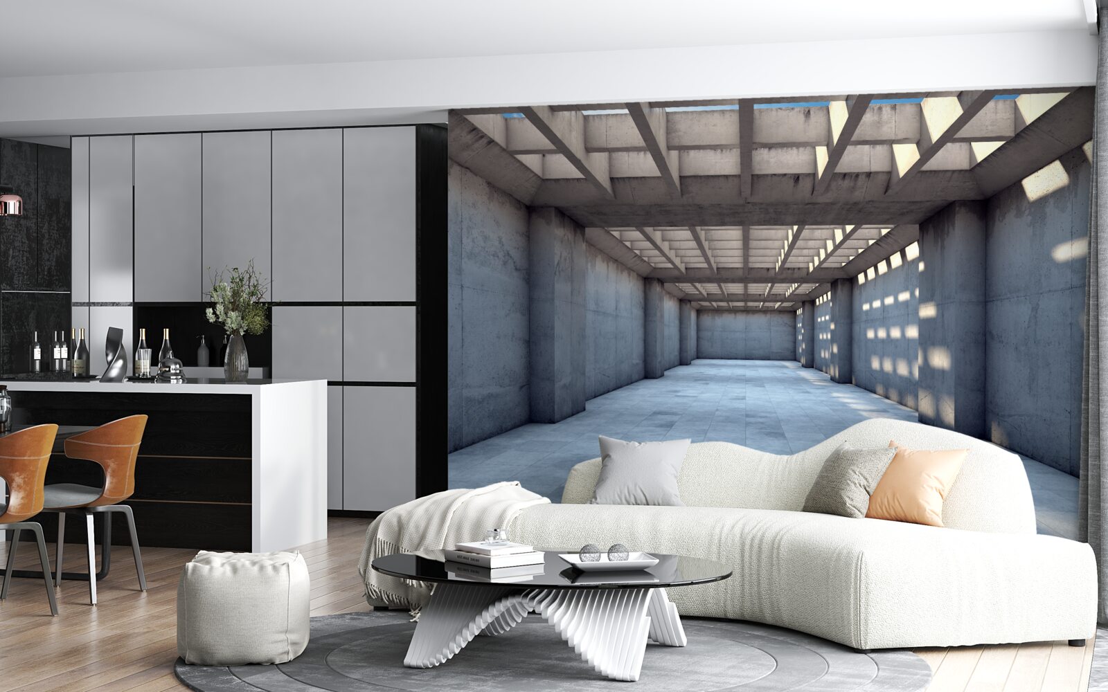 Fototapeta korytarz oświetlony jasnym światłem, ze stropem pokrytym drewnianą kratą