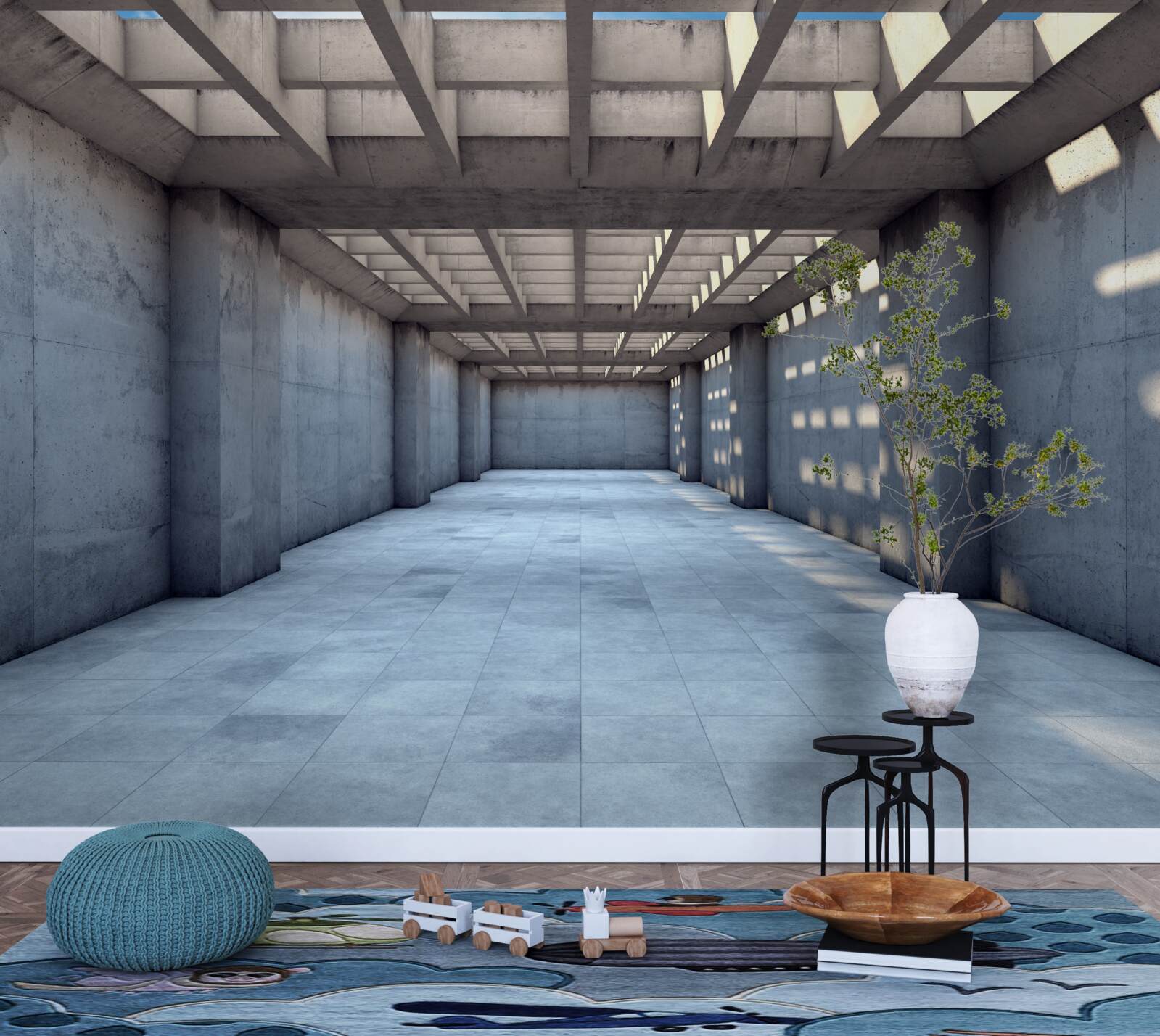 Fototapeta korytarz oświetlony jasnym światłem, ze stropem pokrytym drewnianą kratą