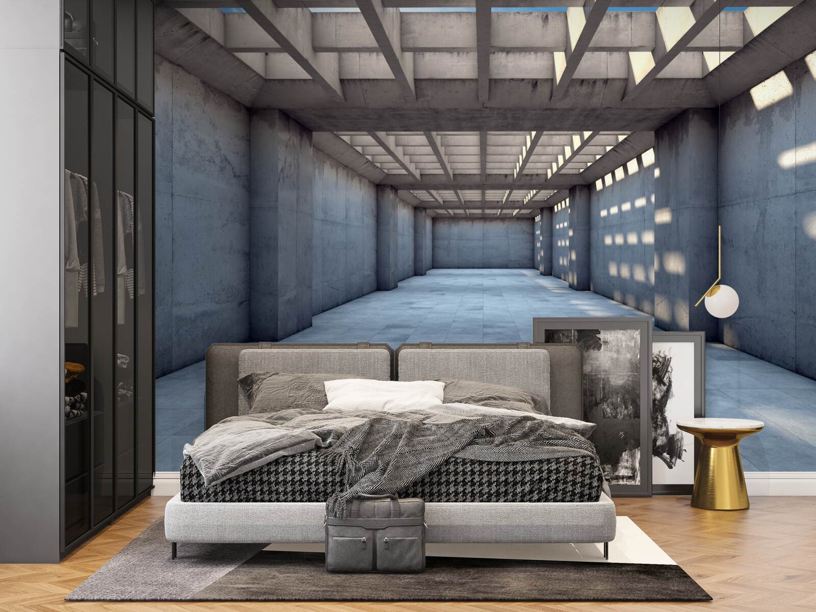 Fototapeta korytarz oświetlony jasnym światłem, ze stropem pokrytym drewnianą kratą