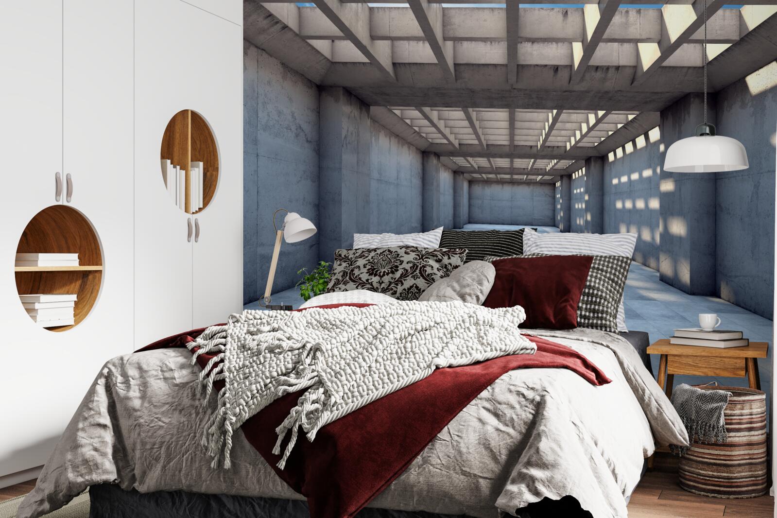 Fototapeta korytarz oświetlony jasnym światłem, ze stropem pokrytym drewnianą kratą