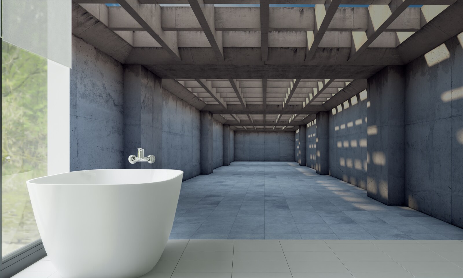 Fototapeta korytarz oświetlony jasnym światłem, ze stropem pokrytym drewnianą kratą