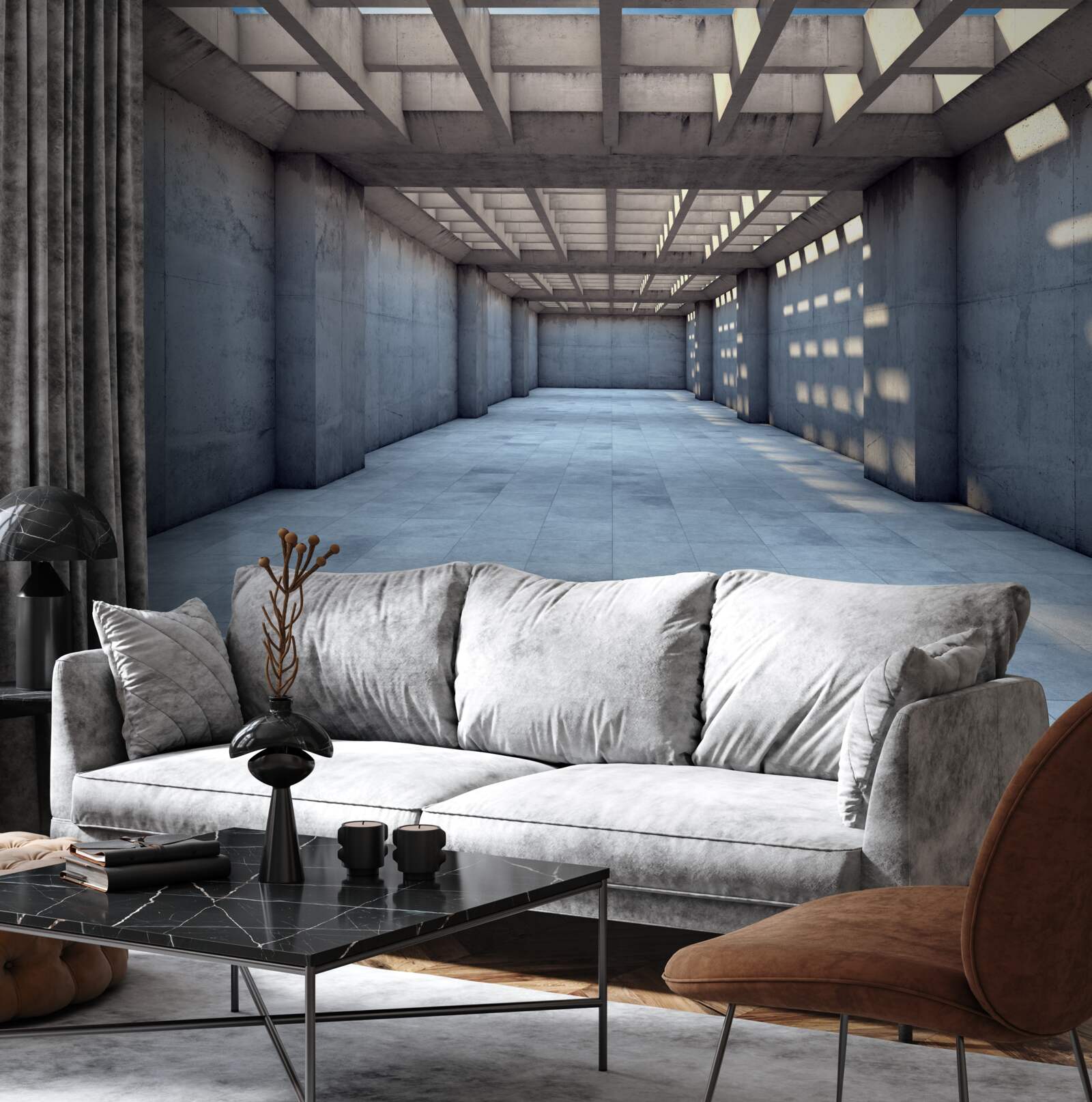 Fototapeta korytarz oświetlony jasnym światłem, ze stropem pokrytym drewnianą kratą