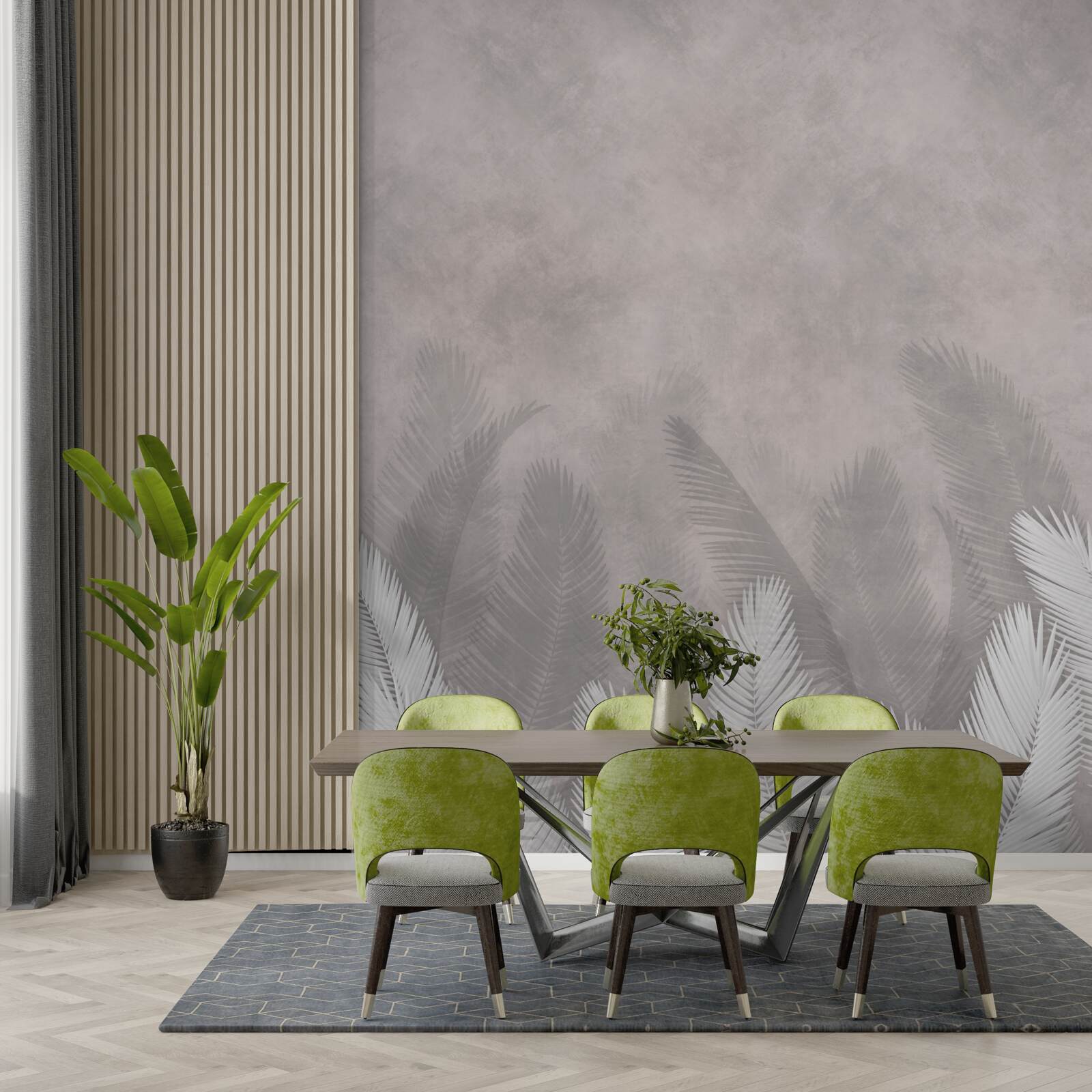 Fototapeta mglisty las oświetlają jasne liście paproci