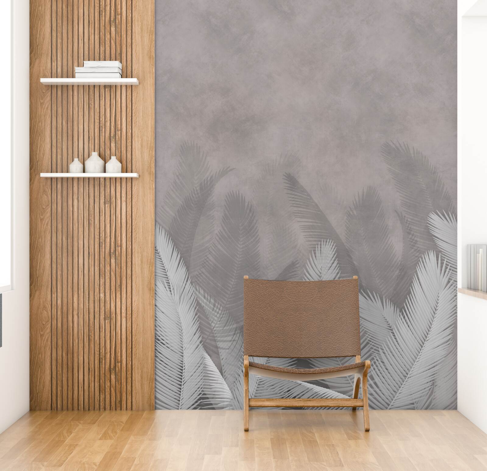 Fototapeta mglisty las oświetlają jasne liście paproci