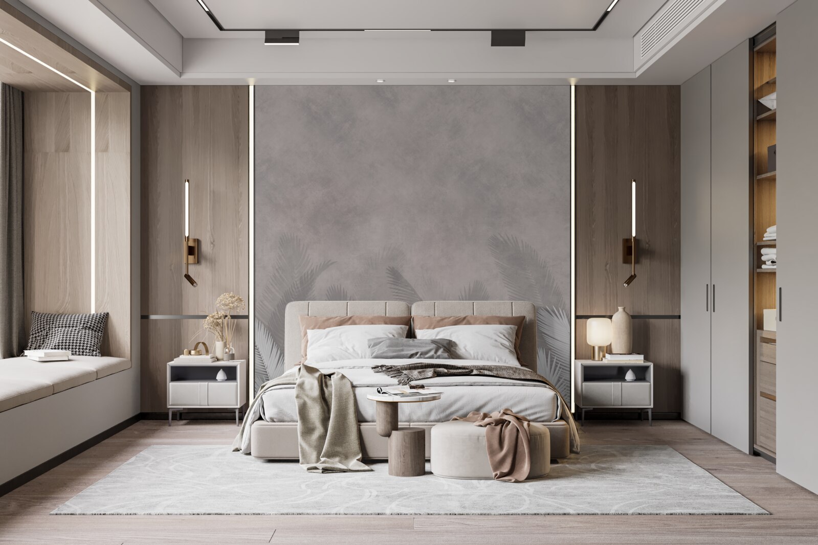 Fototapeta mglisty las oświetlają jasne liście paproci