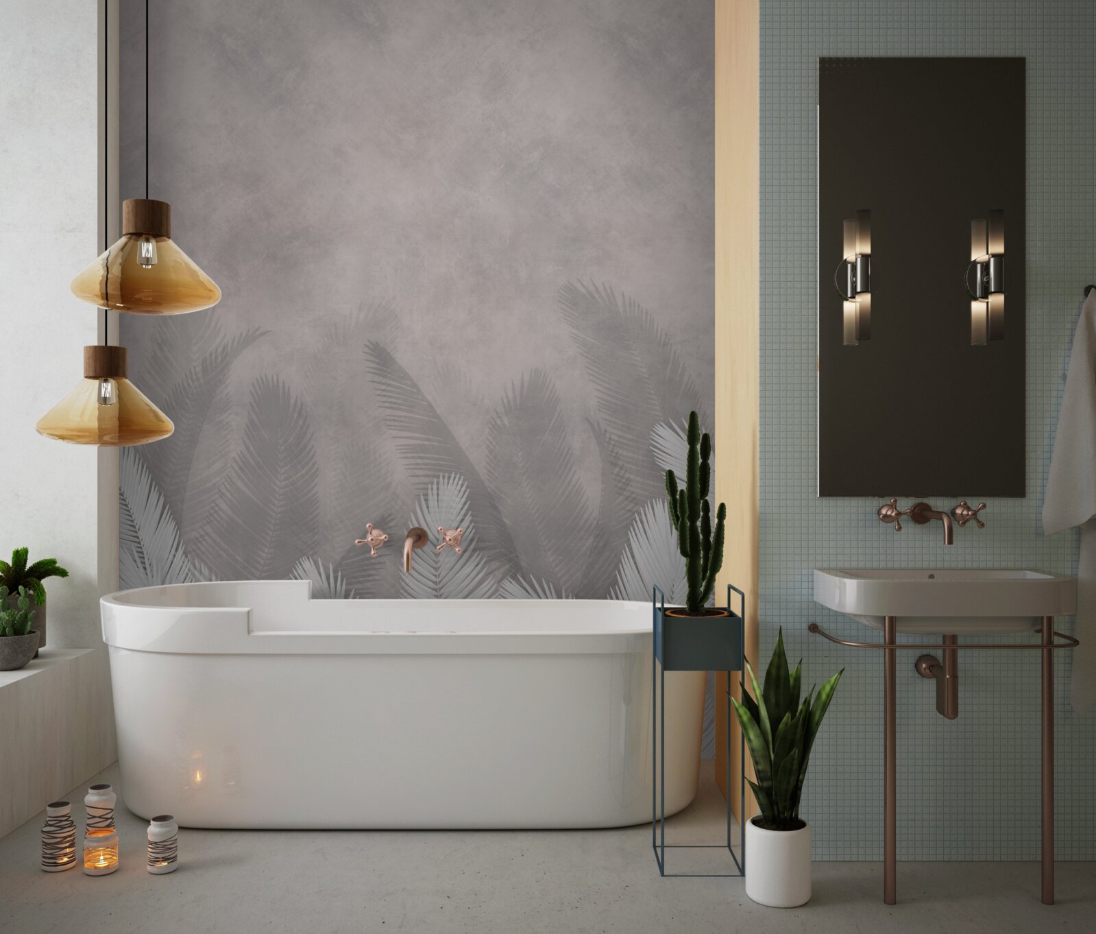 Fototapeta mglisty las oświetlają jasne liście paproci