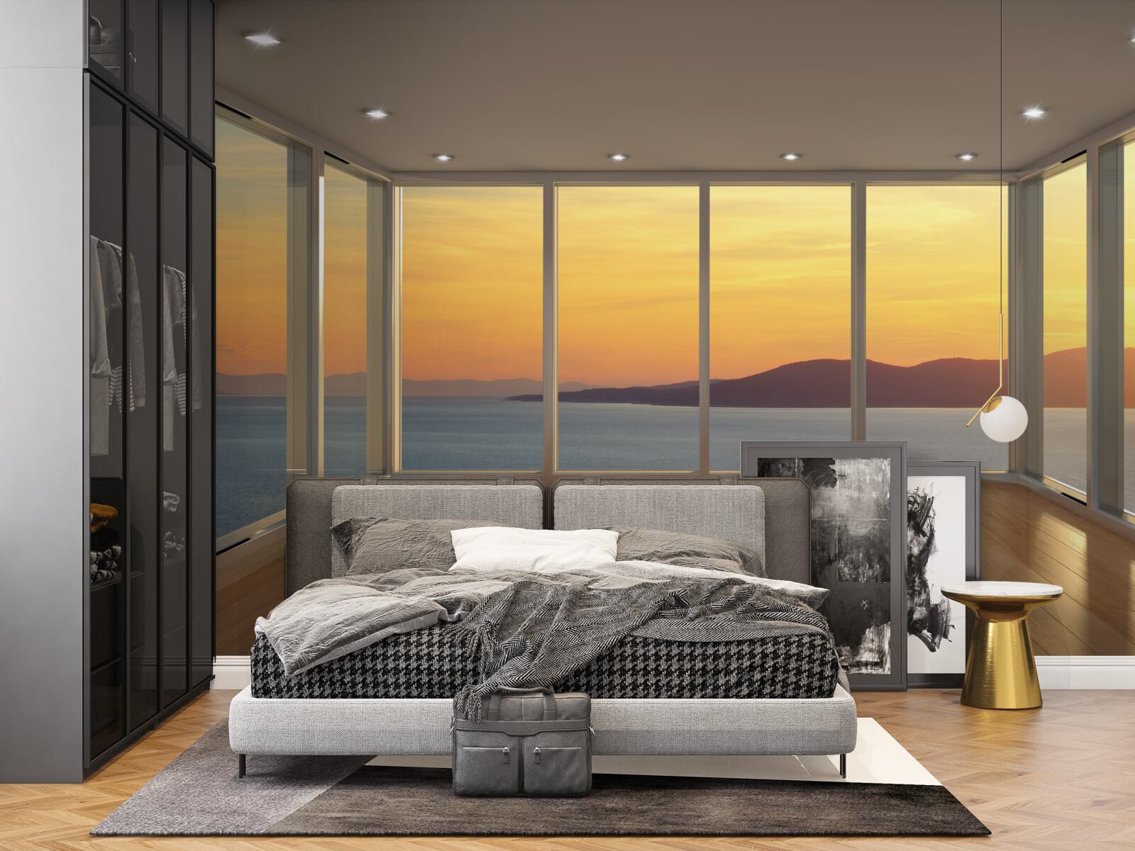 Fototapeta niesamowicie piękny krajobraz zachodu słońca i morza z panoramicznych okien