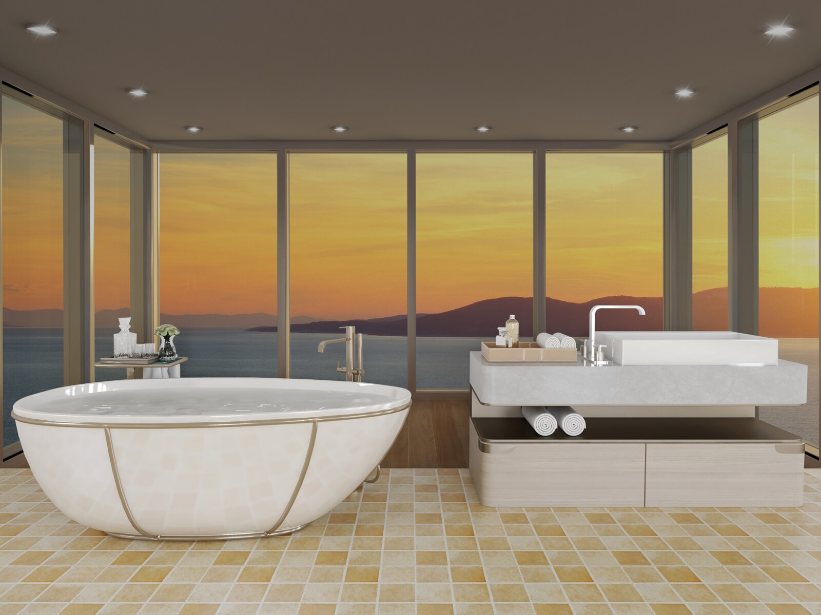 Fototapeta niesamowicie piękny krajobraz zachodu słońca i morza z panoramicznych okien