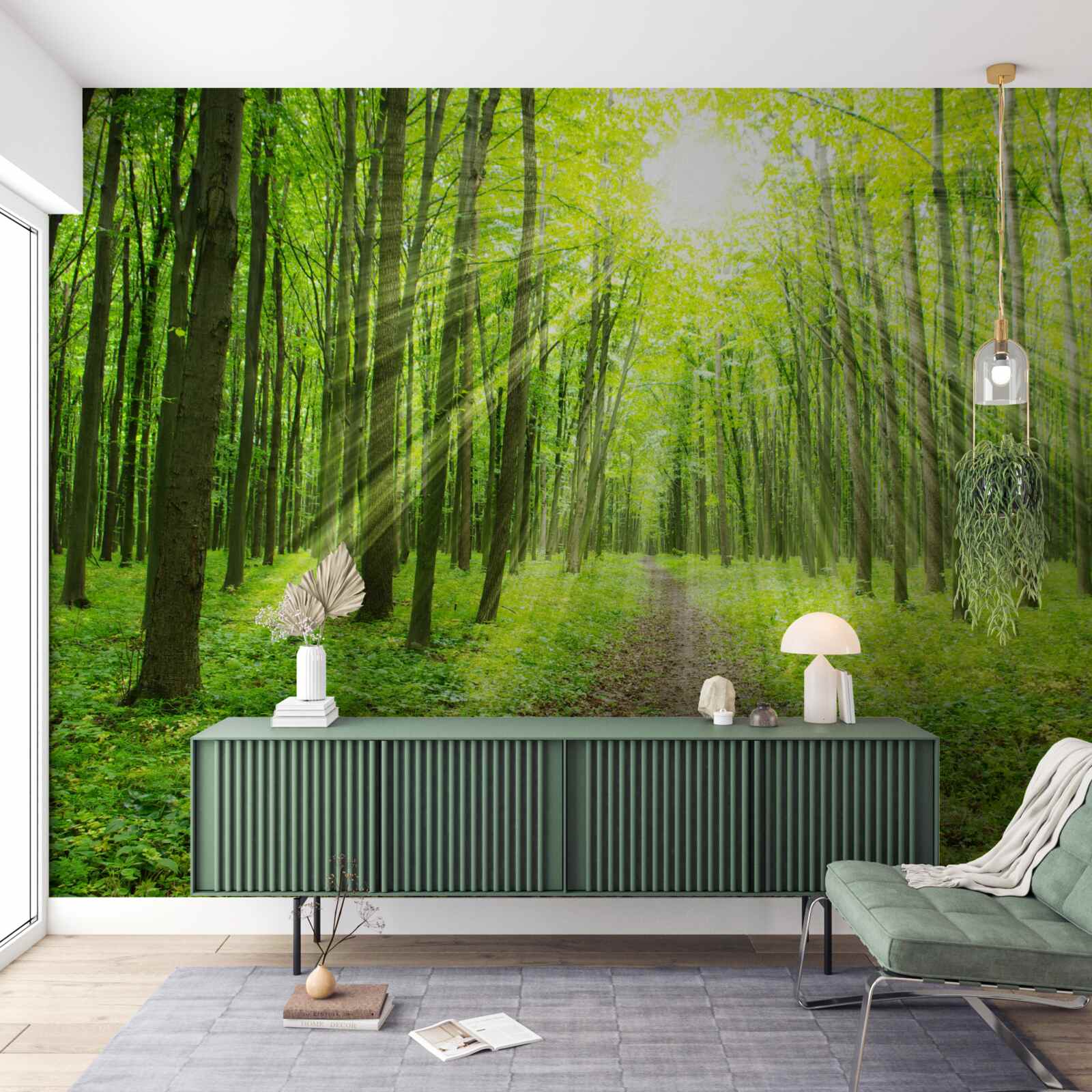 Fototapeta promienie słońca w bujnym zielonym lesie jasno oświetlają wszystko wokół