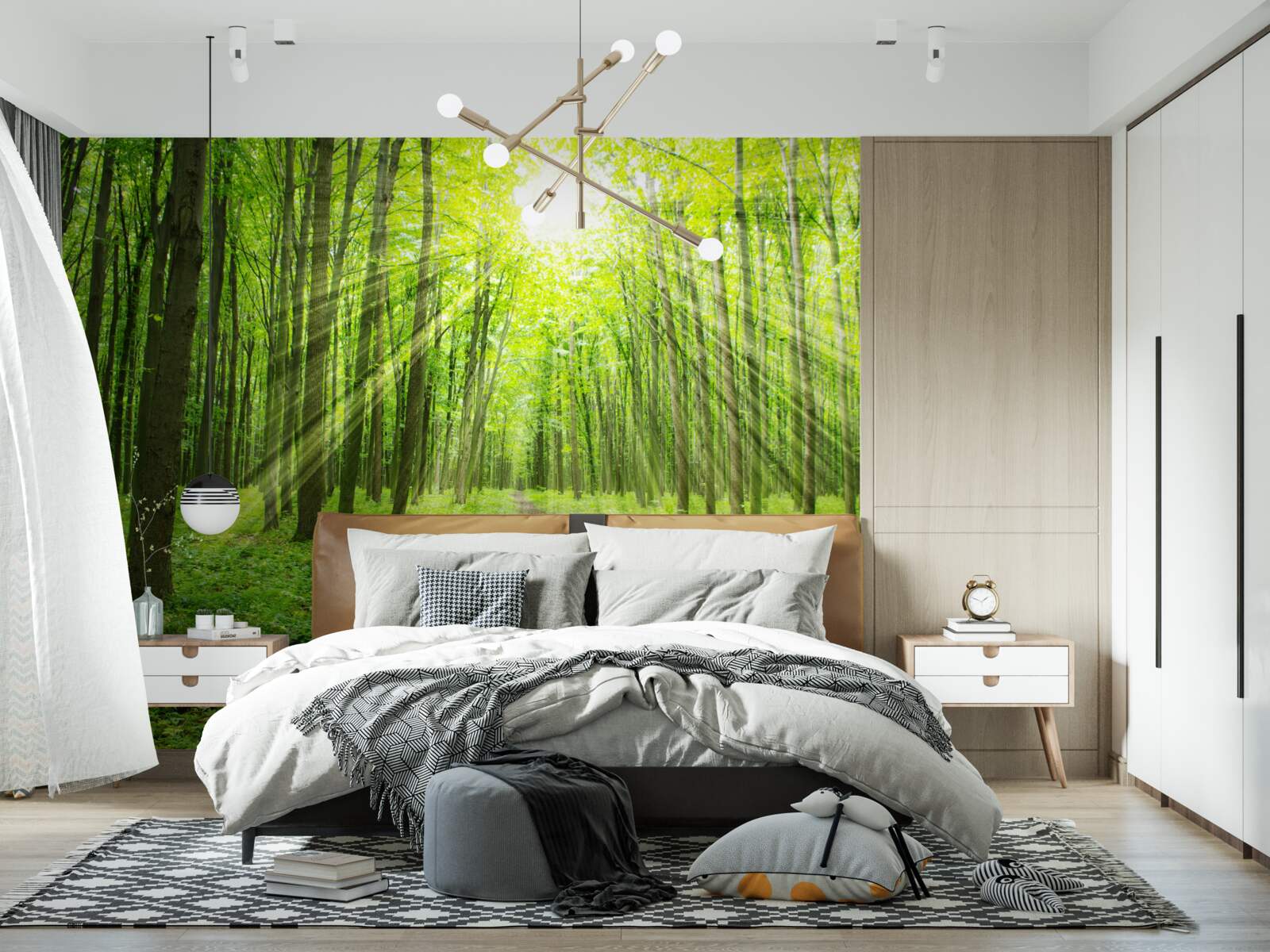 Fototapeta promienie słońca w bujnym zielonym lesie jasno oświetlają wszystko wokół