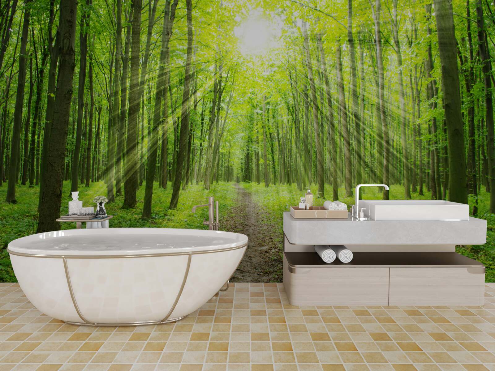 Fototapeta promienie słońca w bujnym zielonym lesie jasno oświetlają wszystko wokół