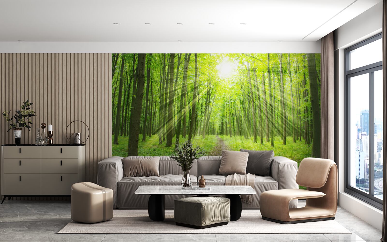 Fototapeta promienie słońca w bujnym zielonym lesie jasno oświetlają wszystko wokół