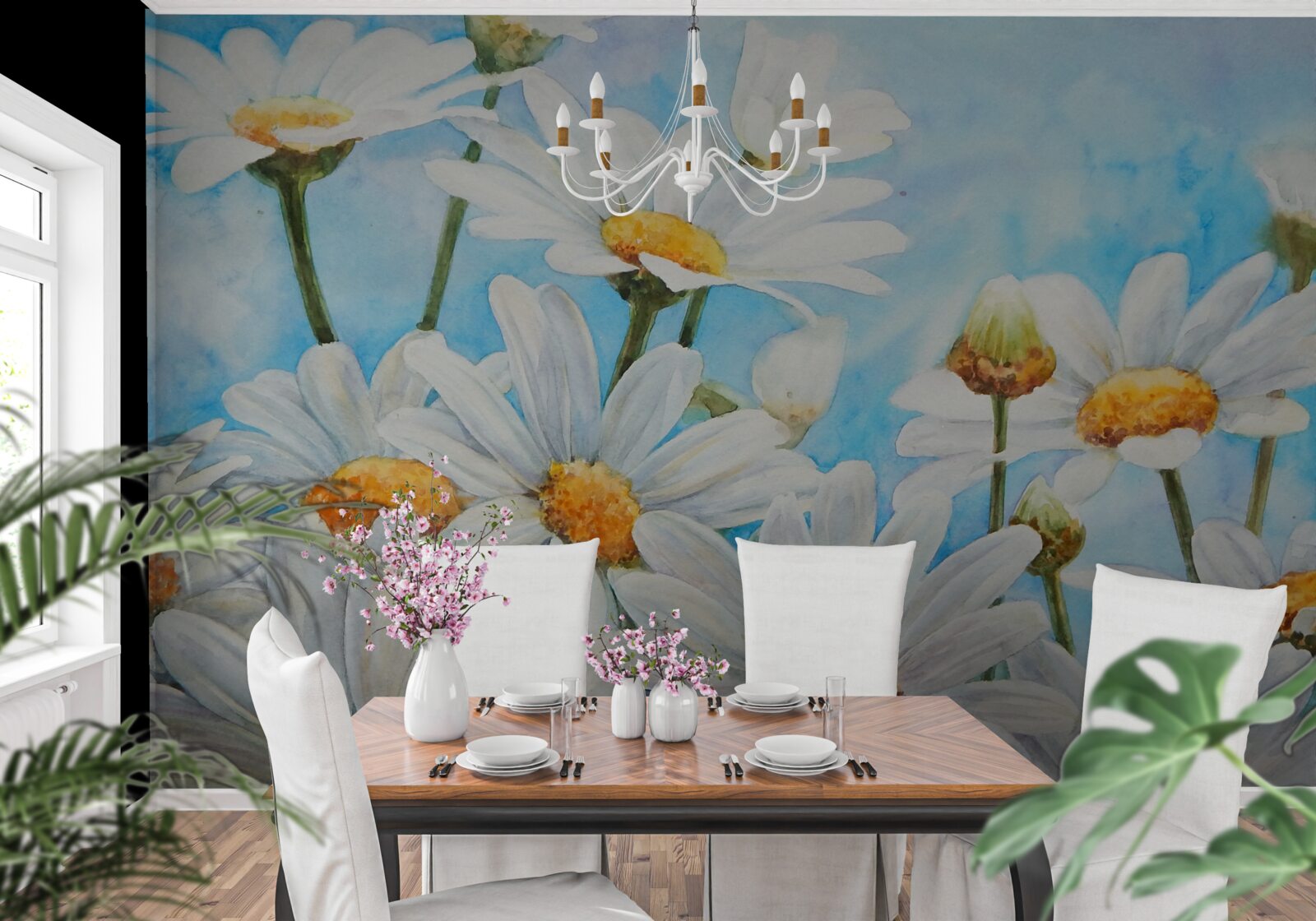 Fototapeta na tle nieba leży pole usiane białymi letnimi stokrotkami