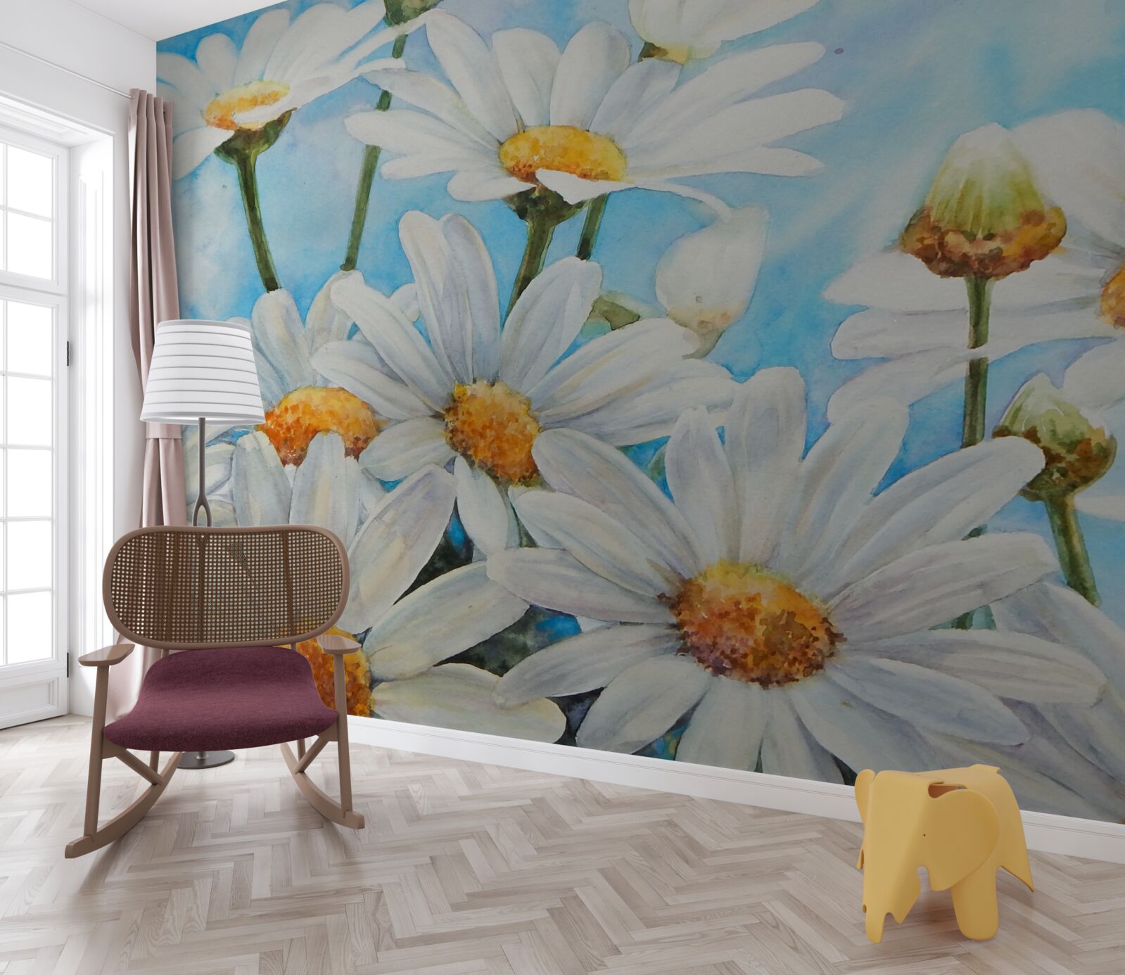 Fototapeta na tle nieba leży pole usiane białymi letnimi stokrotkami