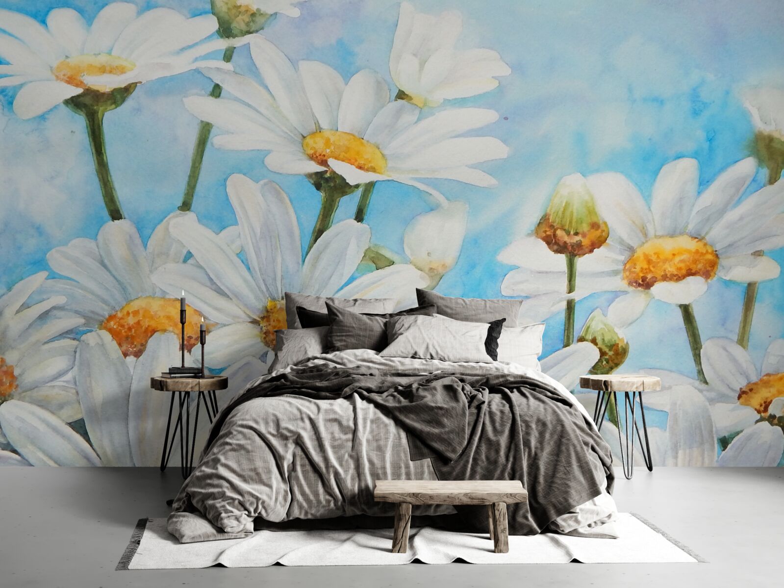 Fototapeta na tle nieba leży pole usiane białymi letnimi stokrotkami