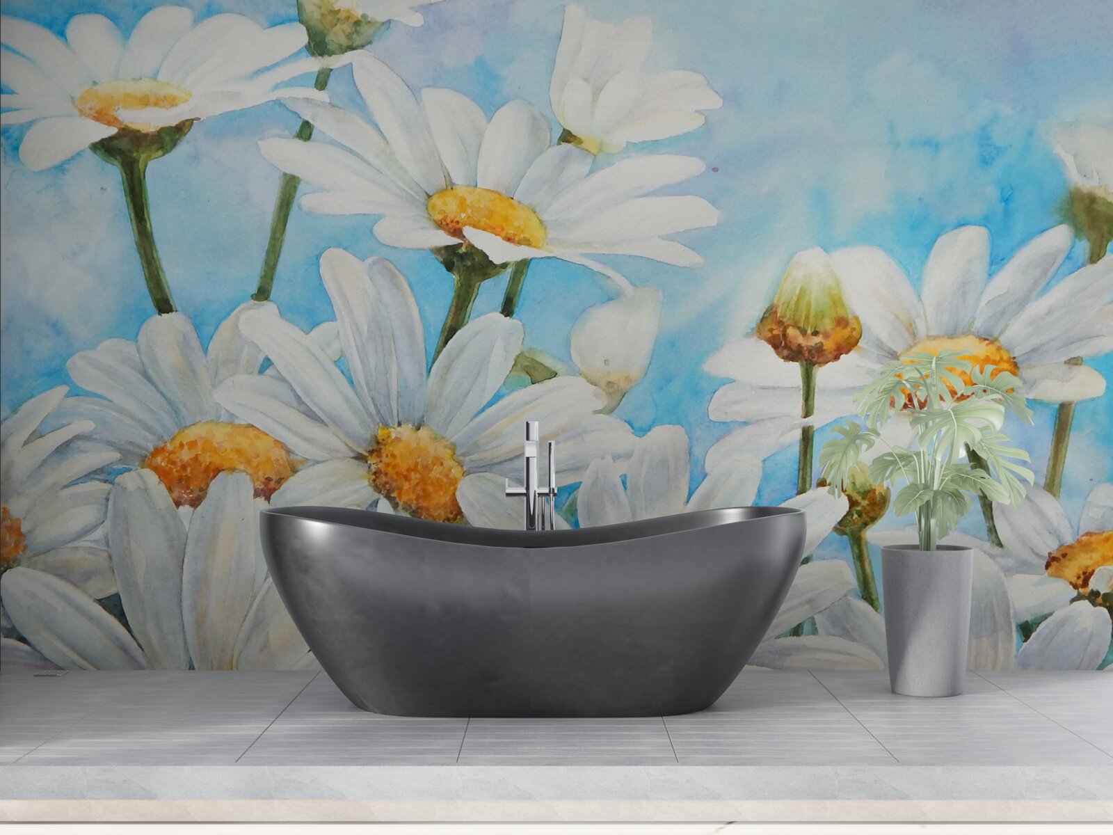 Fototapeta na tle nieba leży pole usiane białymi letnimi stokrotkami