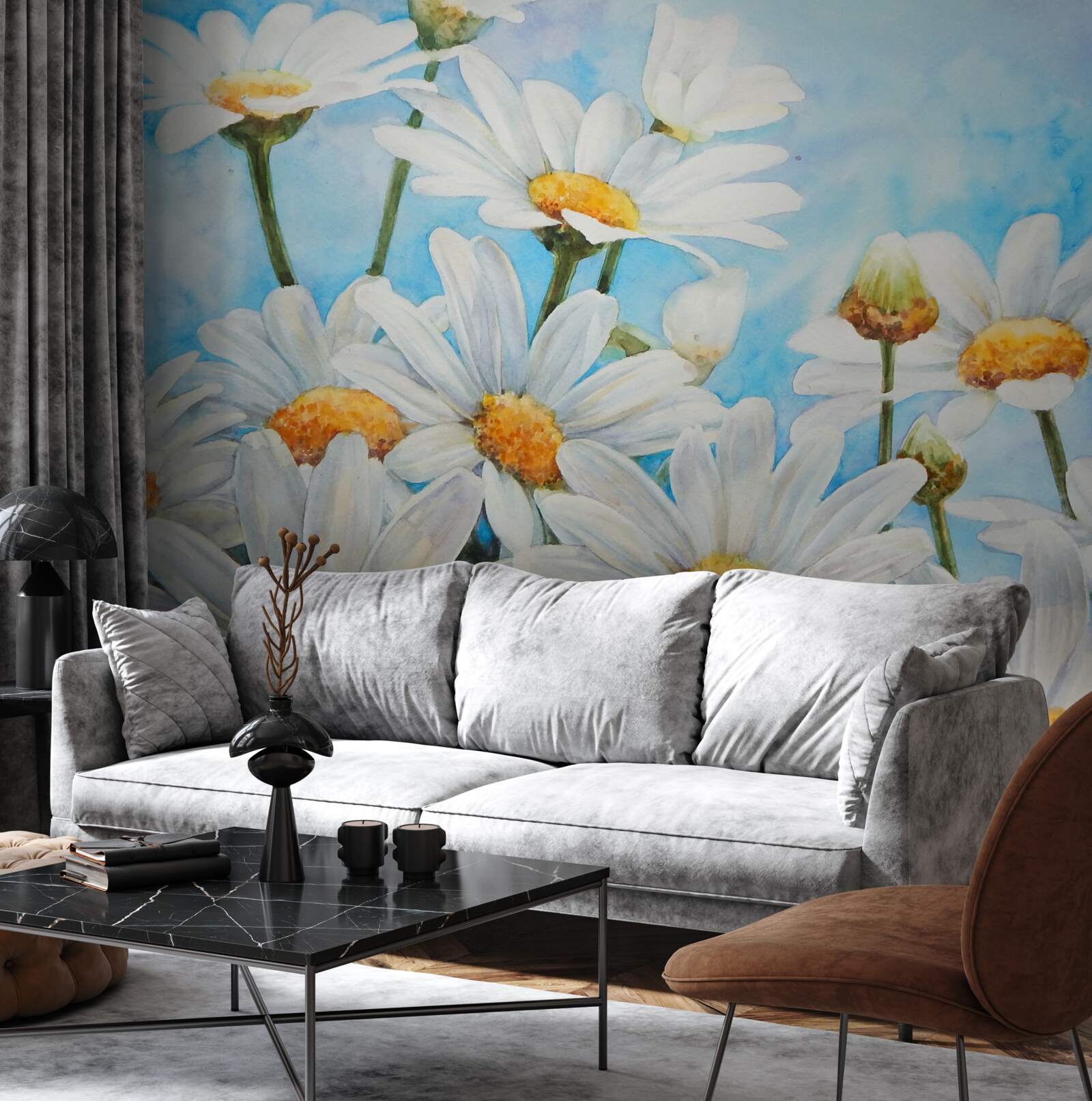 Fototapeta na tle nieba leży pole usiane białymi letnimi stokrotkami