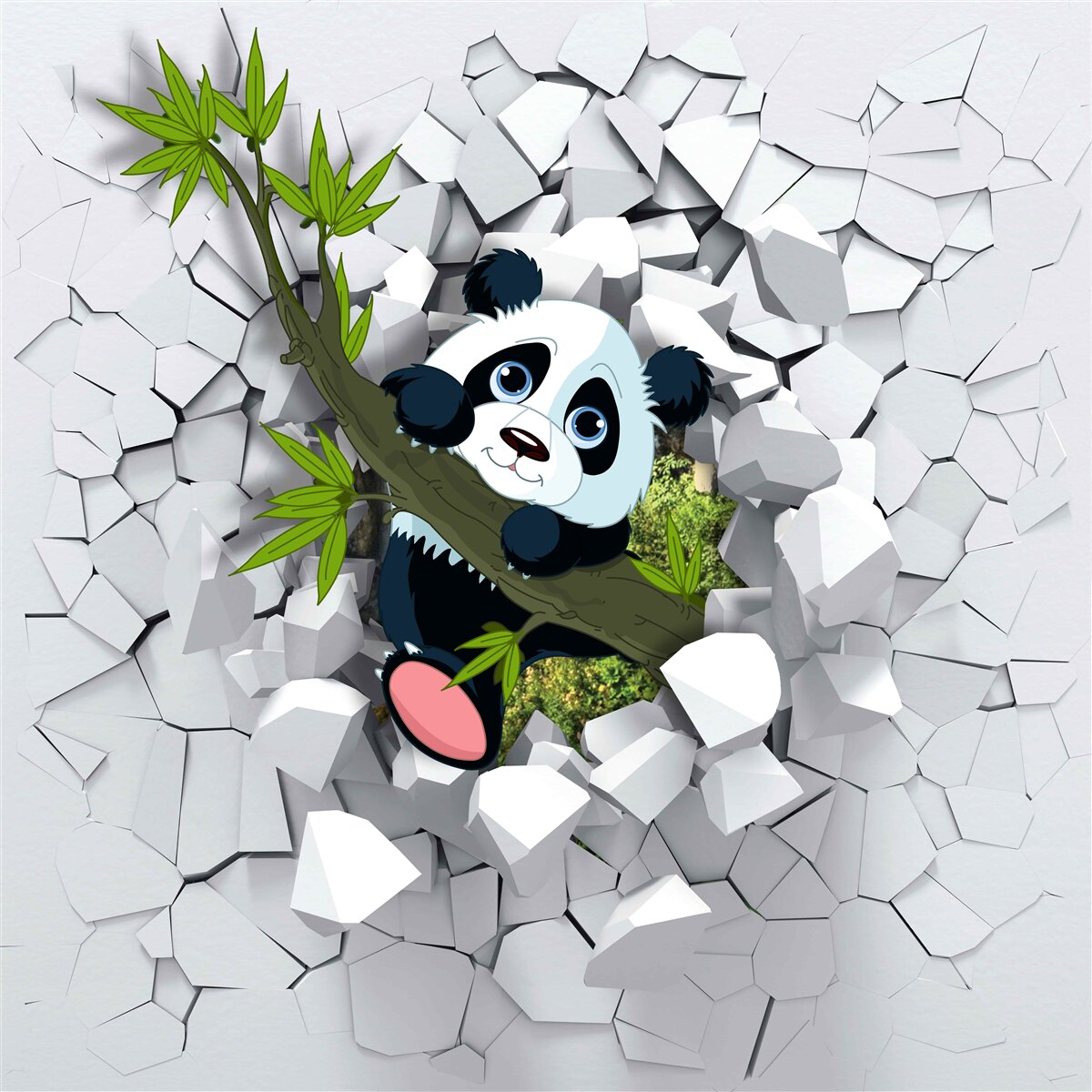 Fototapeta panda ostrożnie wygląda ze zrujnowanego ceglanego muru