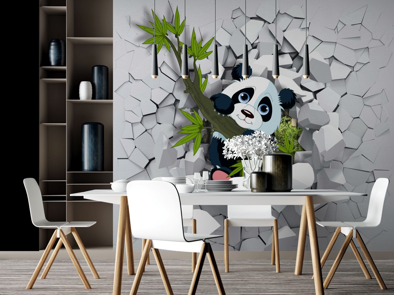 Fototapeta panda ostrożnie wygląda ze zrujnowanego ceglanego muru