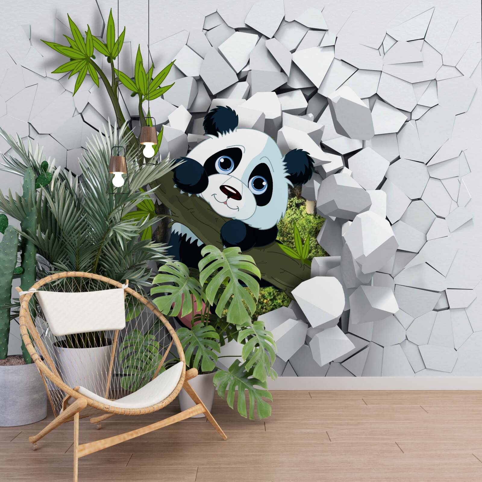 Fototapeta panda ostrożnie wygląda ze zrujnowanego ceglanego muru