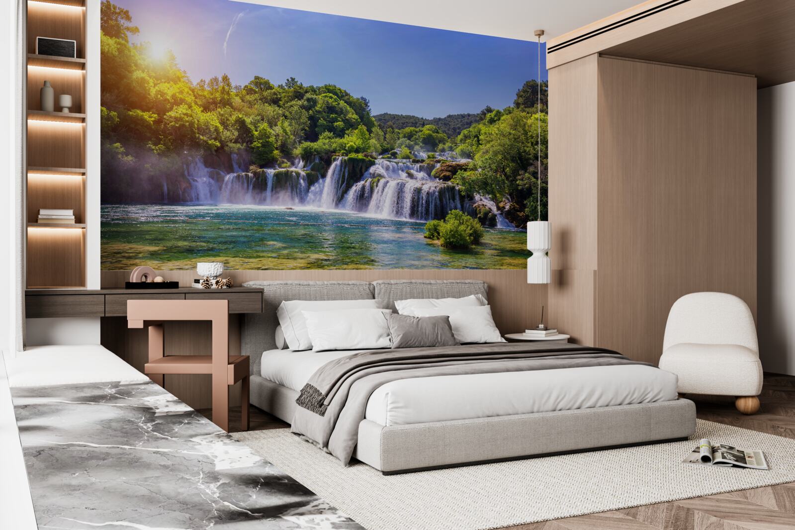 Fototapeta wodospad, pędząc wody pod zapadającym zmrokiem, wydaje głośny dźwięk