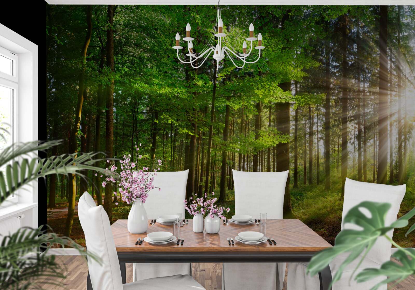 Fototapeta jasne słońce w lesie pokrytym zielonymi liśćmi