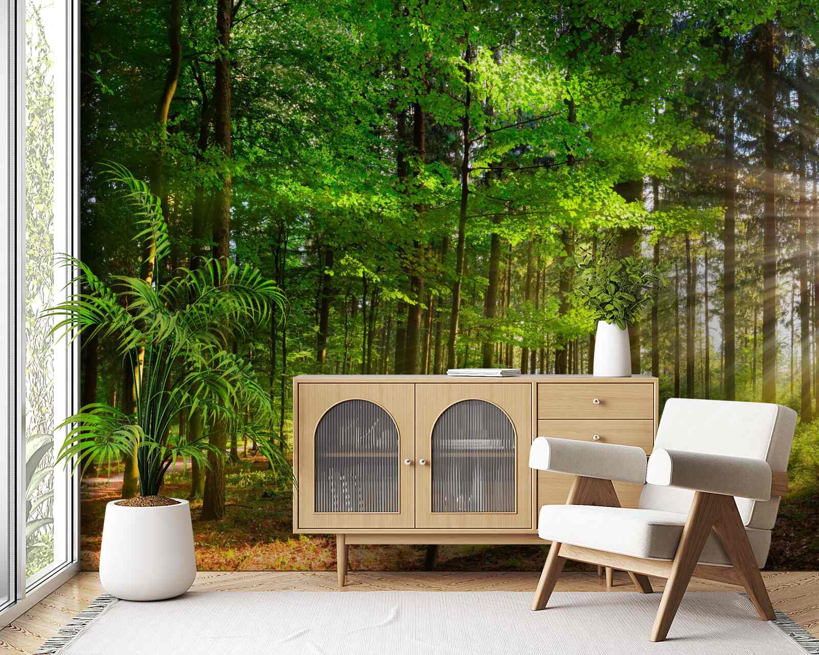 Fototapeta jasne słońce w lesie pokrytym zielonymi liśćmi