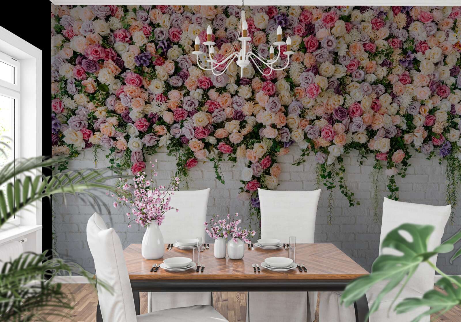 Fototapeta Ściana z cegieł ozdobiona kwiatami krzewu róży