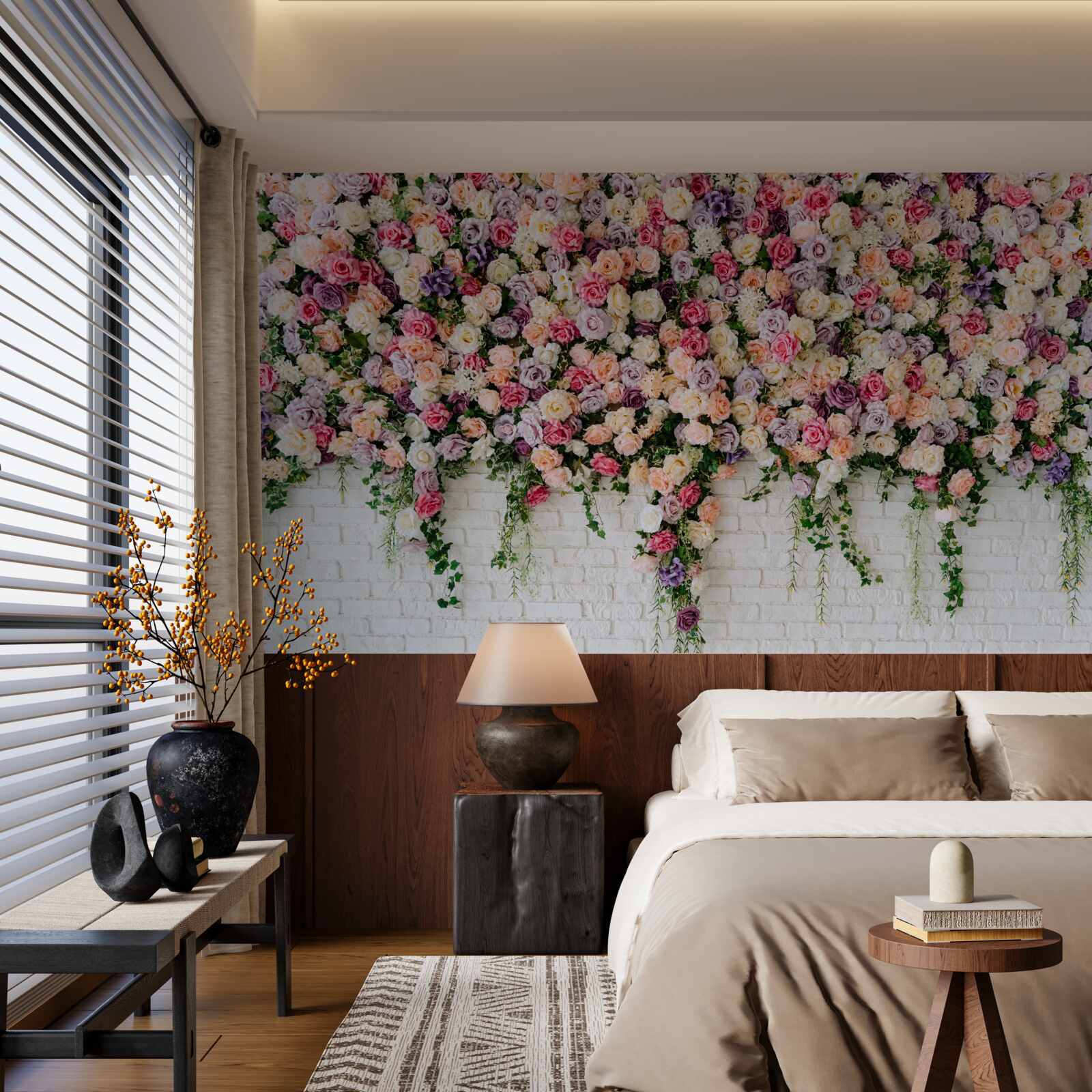 Fototapeta Ściana z cegieł ozdobiona kwiatami krzewu róży