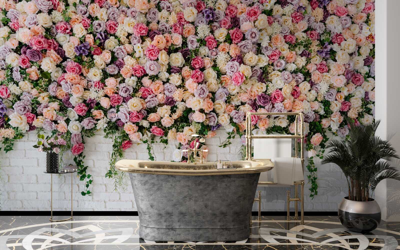 Fototapeta Ściana z cegieł ozdobiona kwiatami krzewu róży