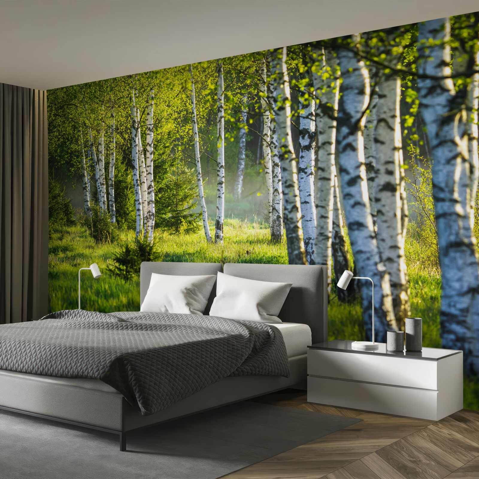 Fototapeta Łąki ozdobione majestatycznymi brzozami pomalowane są na jaskrawą zieleń