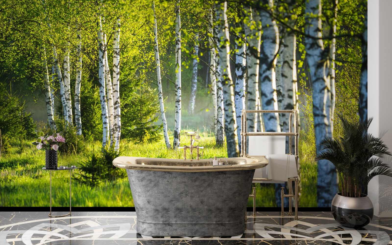 Fototapeta Łąki ozdobione majestatycznymi brzozami pomalowane są na jaskrawą zieleń