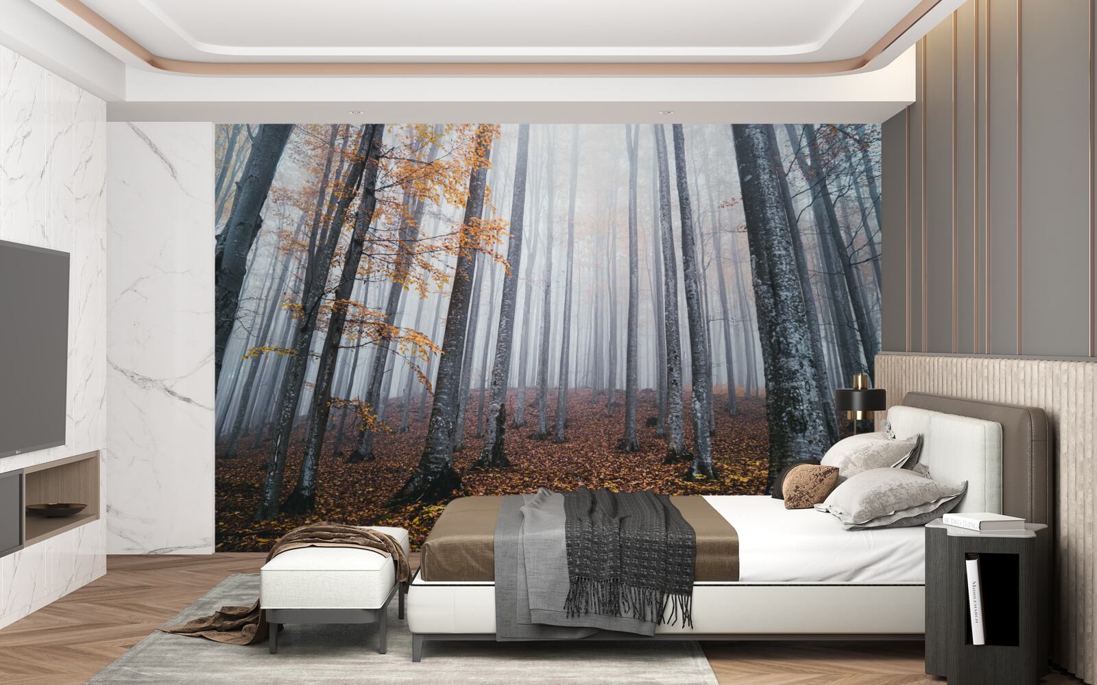 Fototapeta mgła w wdzięcznym jesiennym lesie