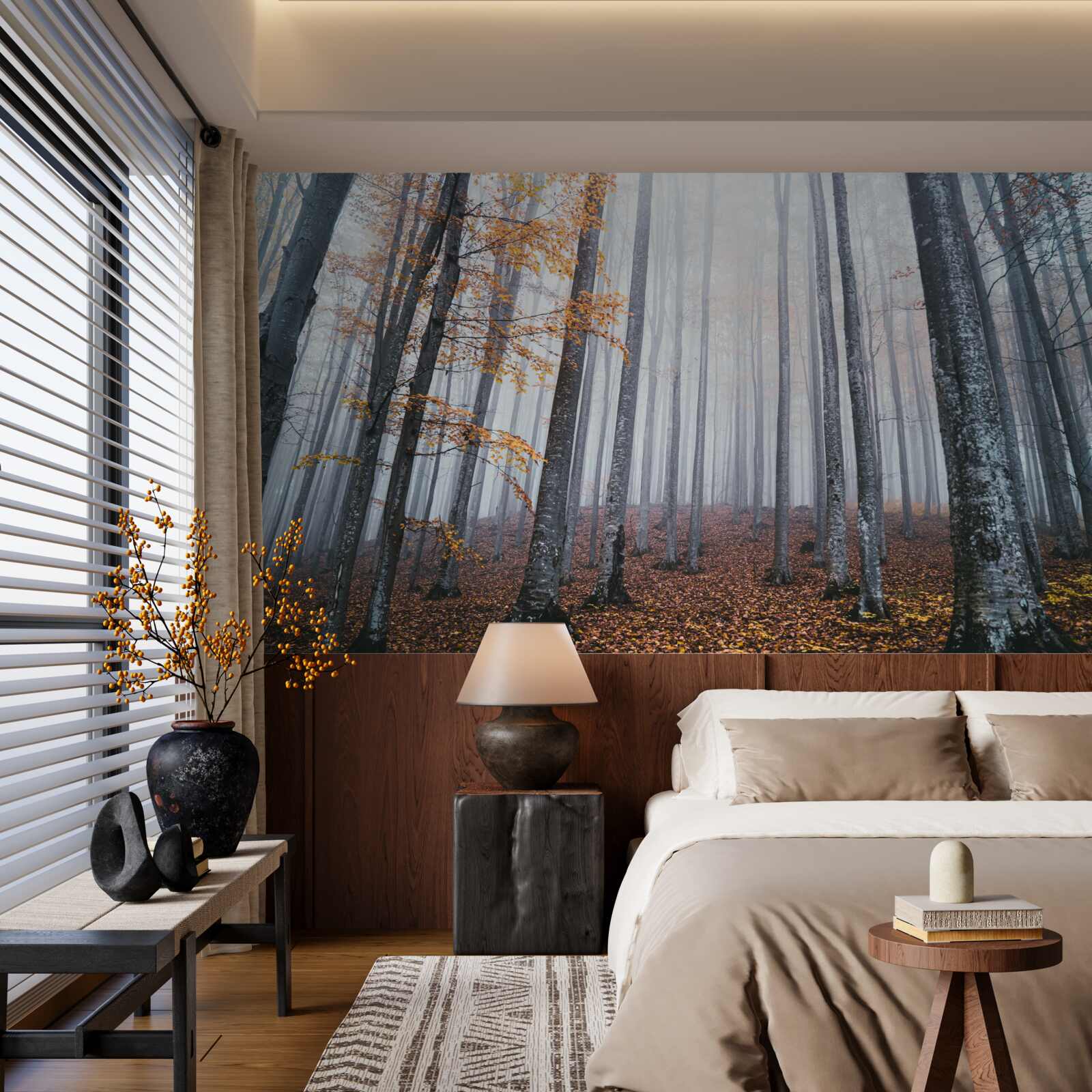 Fototapeta mgła w wdzięcznym jesiennym lesie