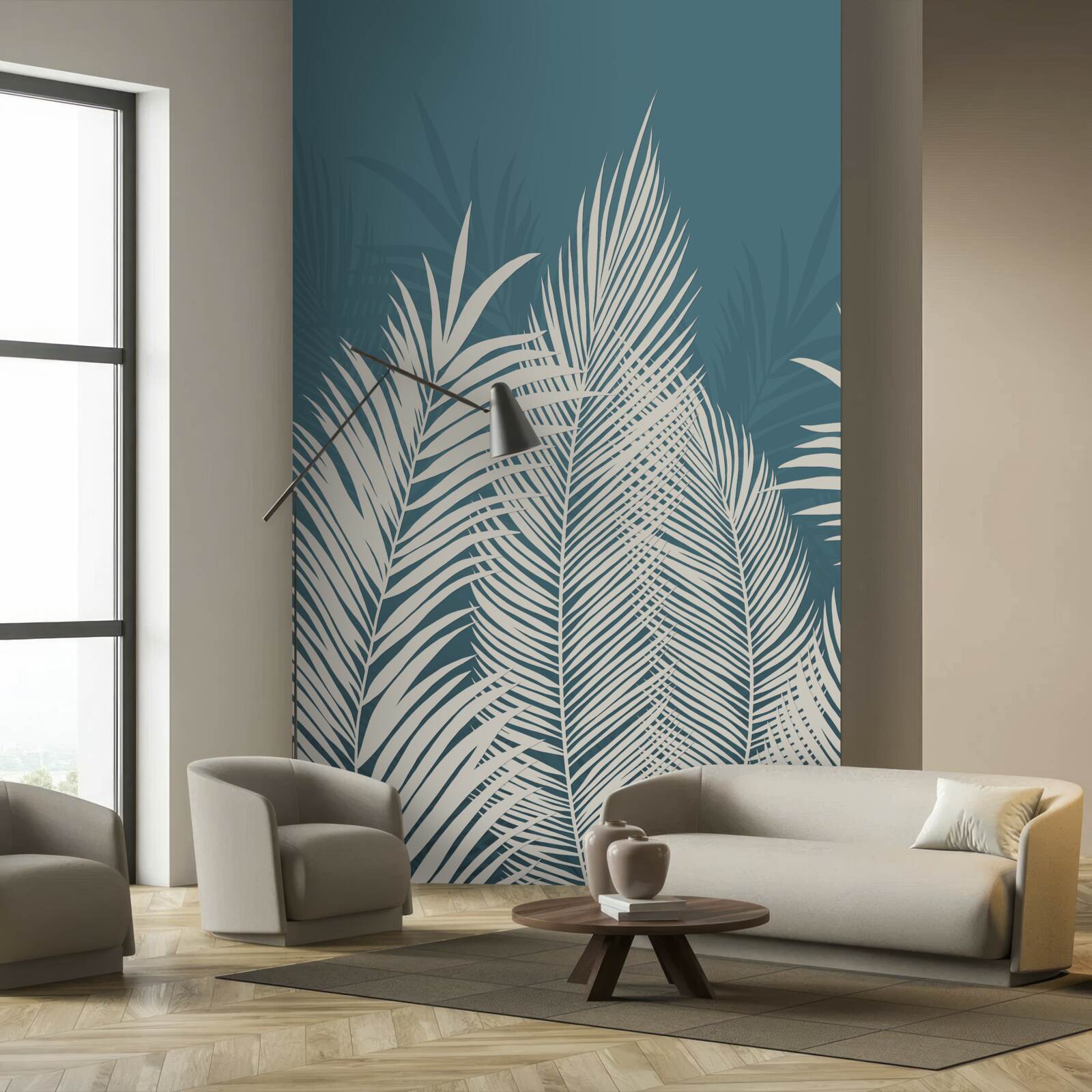 Fototapeta na niebieskim tle widnieją białe, puchowe koce